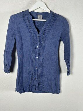 Lands' End Womens Linen Blouse Top Purple Pintuck Lace Trim Button Small 6-8